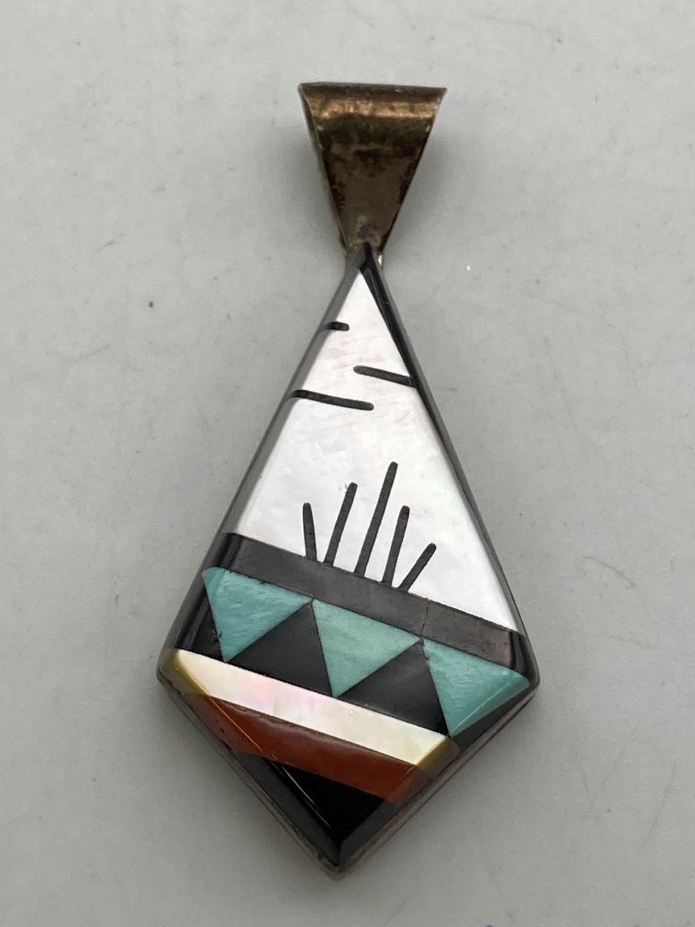Vintage Sterling Silver 925 Zuni Inlay Pendant Signed CK Turquoise Onyx Coral